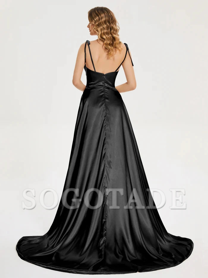 Thin shoulder strap slit soft satin and floor length bridesmaid dress