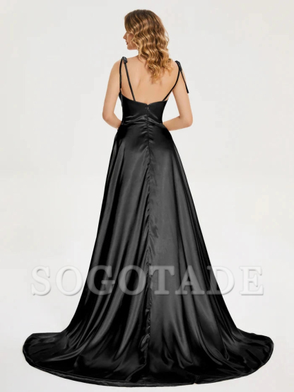 Thin shoulder strap slit soft satin and floor length bridesmaid dress
