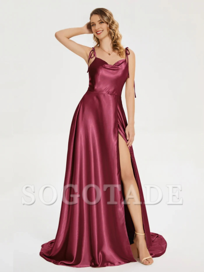 Thin shoulder strap slit soft satin and floor length bridesmaid dress