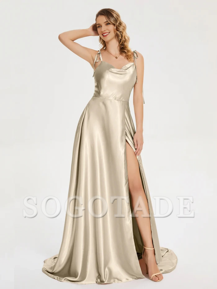 Thin shoulder strap slit soft satin and floor length bridesmaid dress