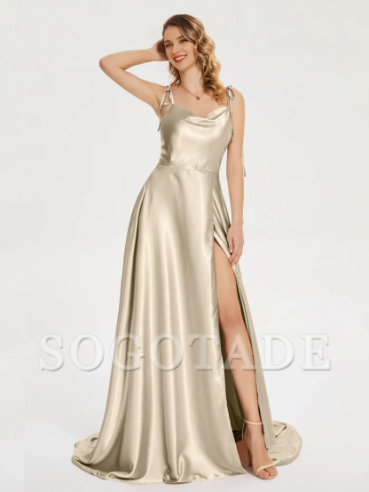 Thin shoulder strap slit soft satin and floor length bridesmaid dress
