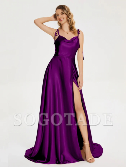 Thin shoulder strap slit soft satin and floor length bridesmaid dress