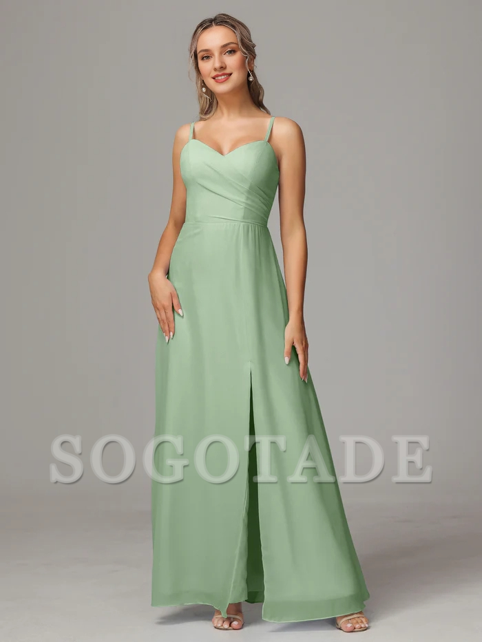 Thin shoulder strap sweetheart chiffon slit bridesmaid dress