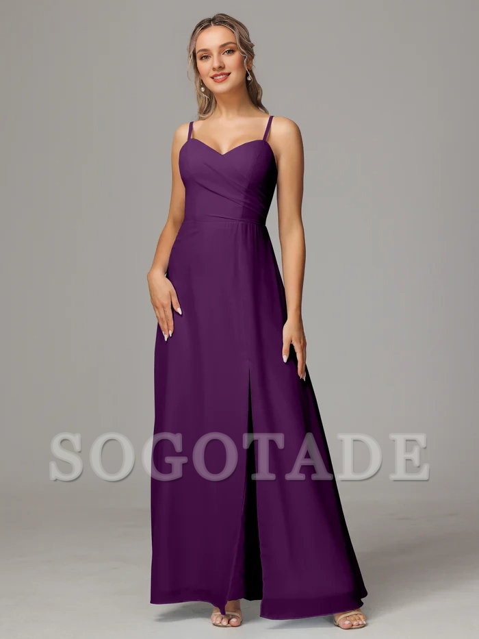 Thin shoulder strap sweetheart chiffon slit bridesmaid dress