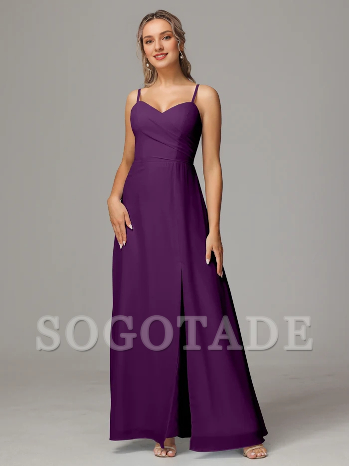 Thin shoulder strap sweetheart chiffon slit bridesmaid dress