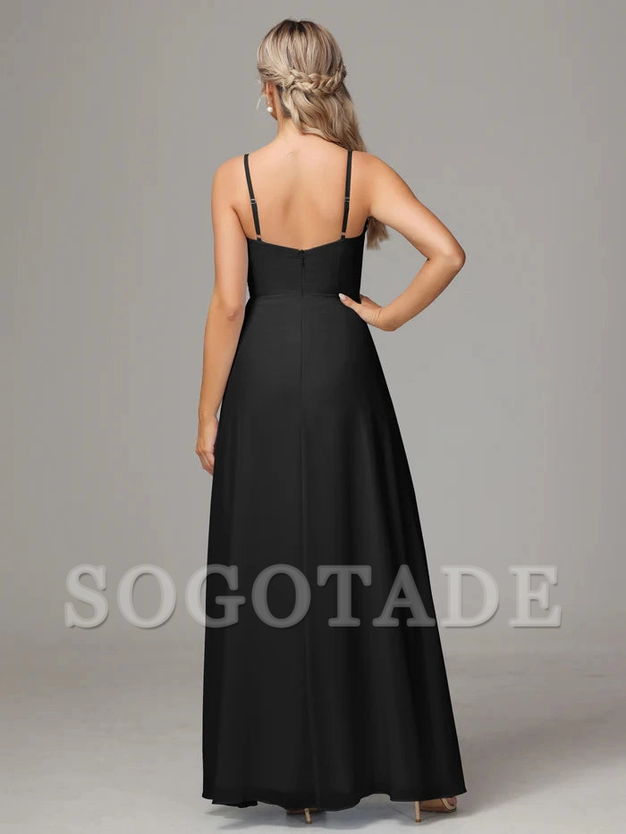 Thin shoulder strap sweetheart chiffon slit bridesmaid dress