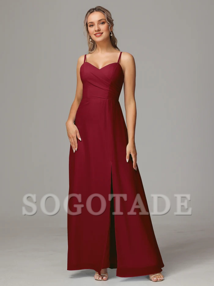 Thin shoulder strap sweetheart chiffon slit bridesmaid dress