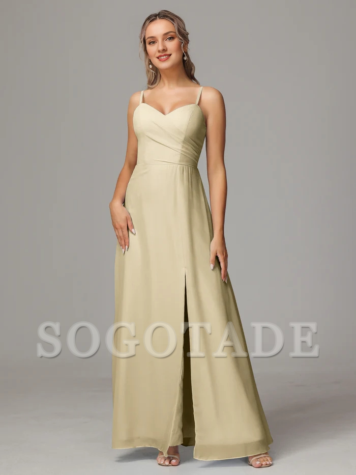 Thin shoulder strap sweetheart chiffon slit bridesmaid dress