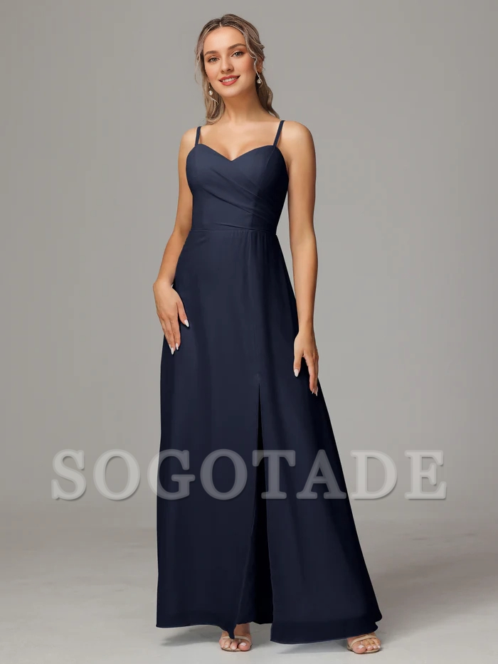Thin shoulder strap sweetheart chiffon slit bridesmaid dress