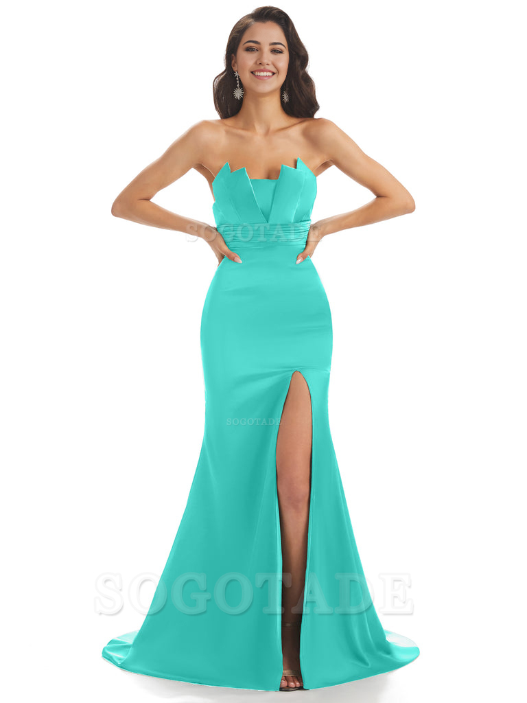 Mermaid sleeveless Satin formal dresses evening gown Bridesmaid Dresses With Side Slit 
