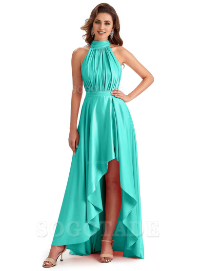Soft Satin High Neck High Low A-Line Unique Bridesmaid Dresses Online
