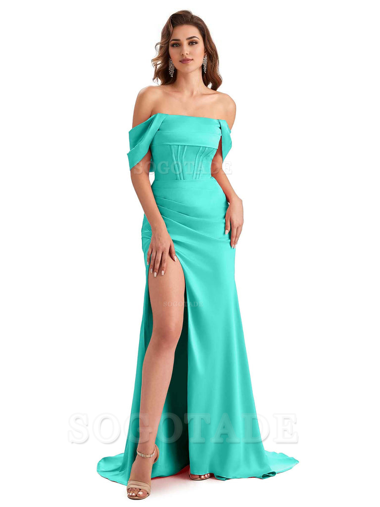Sexy Side Slit Mermaid Soft Satin Off The Shoulder Unique Long Wedding Attendee Dresses