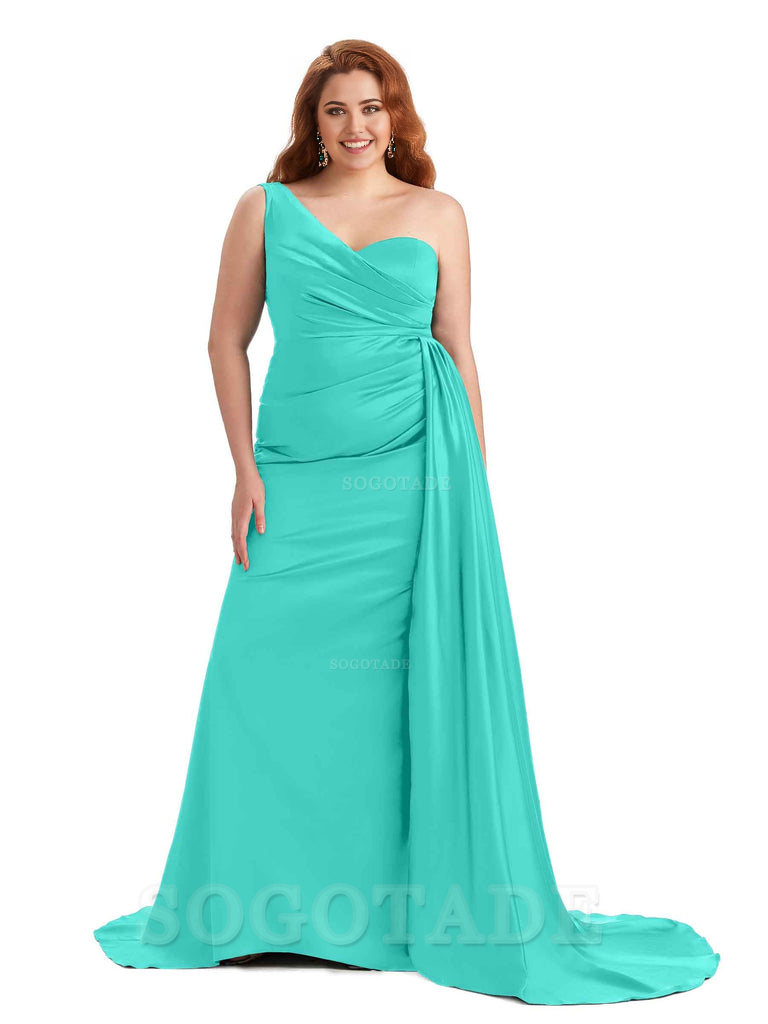 Sexy One Shoulder Sleeveless Mermaid Soft Satin Long Plus Size With Train Bridesmaid Gowns