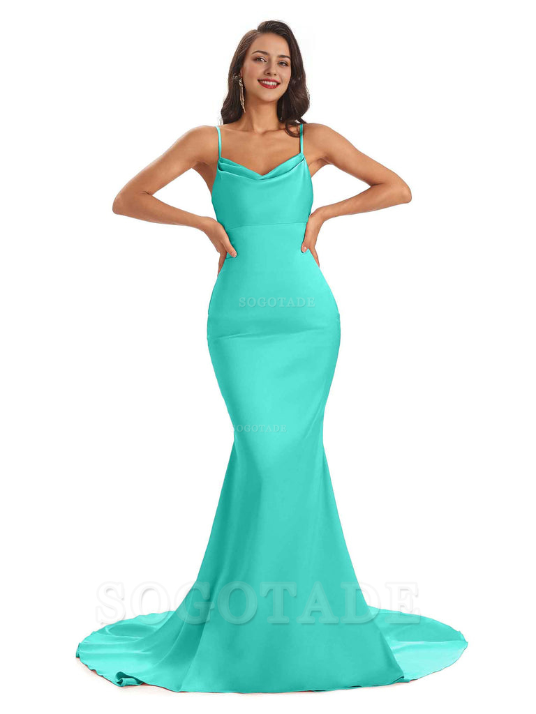 Sexy Backles Soft Satin Spaghetti Straps Maxi Mermaid Bridesmaid Dresses Online prom shop dresses