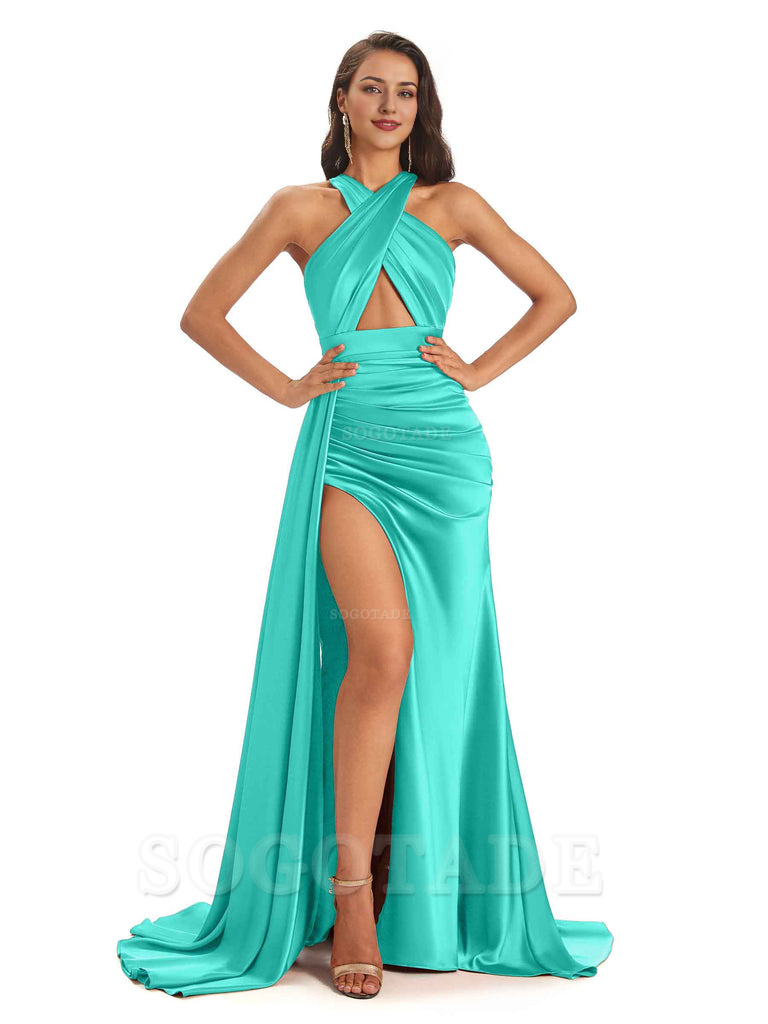 Sexy Soft Satin Halter Side Slit Floor-Length Maxi Mermaid Bridesmaid Dresses Online prom dress shop ﻿