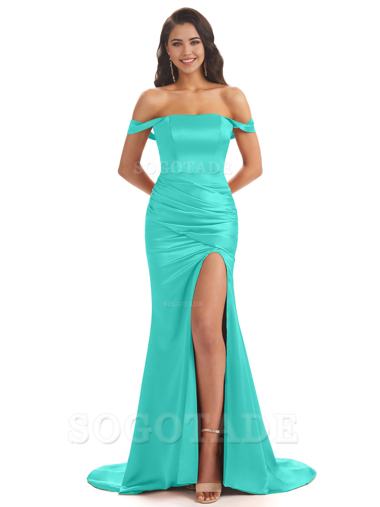 Mermaid Off Shoulder Floor-Length Satin formal dresses evening gown Bridesmaid Dresses With Side Slit 