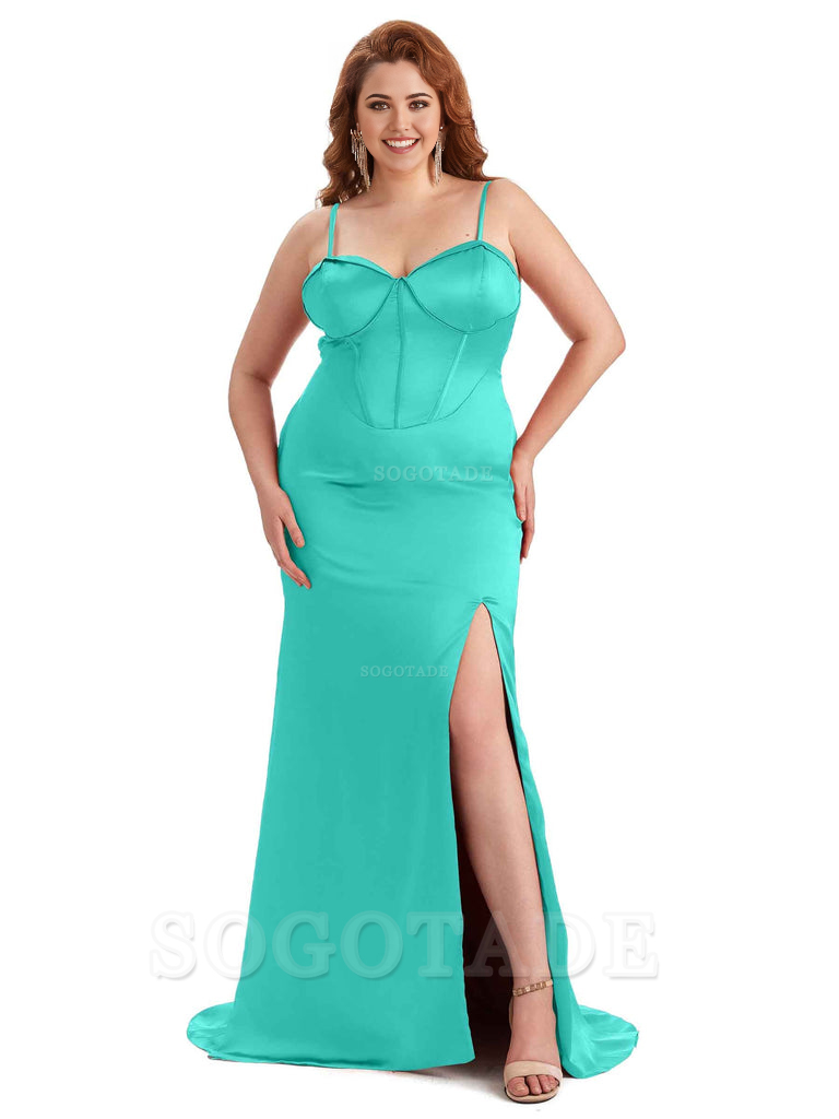 Sexy Spaghetti Straps Side Slit Sleeveless Mermaid Soft Satin Long Bridesmaid Dress Plus Size Dress To Wear to a Wedding