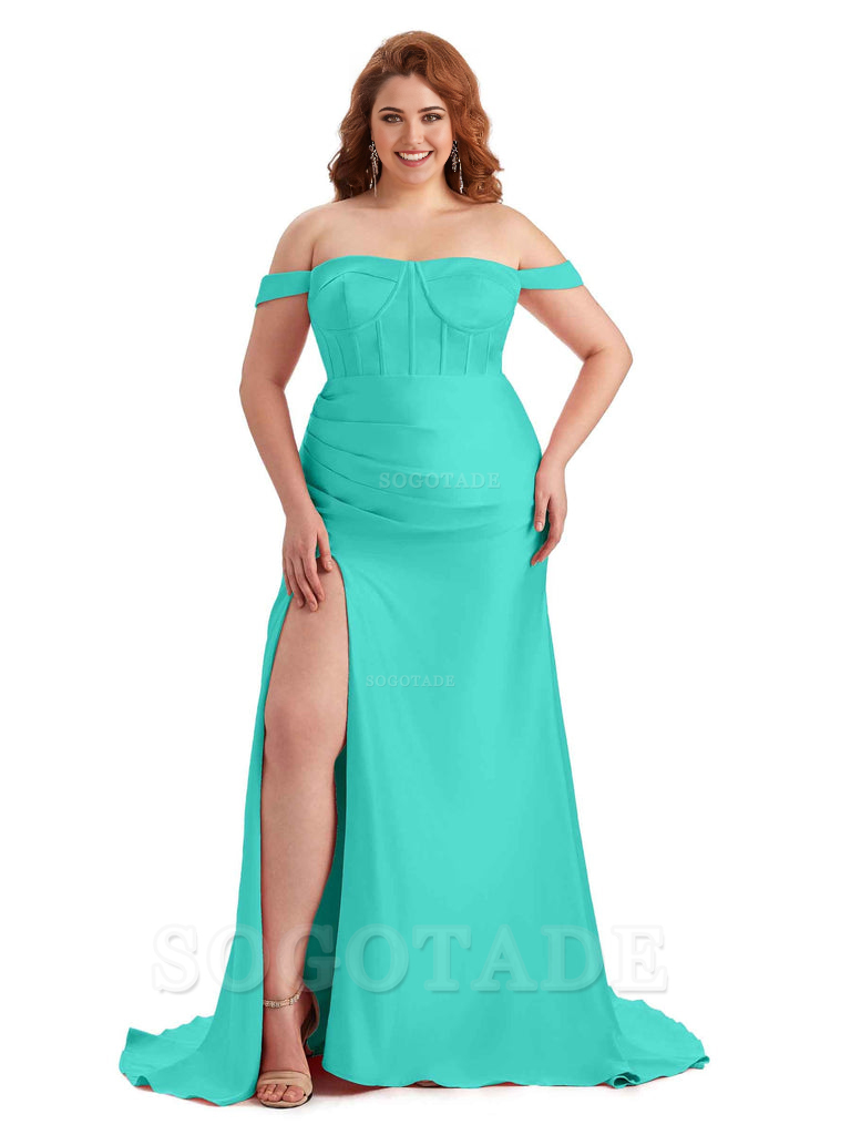 Elegant Off The Shoulder Side Slit Mermaid Soft Satin Floor Length Long Plus Size Bridesmaid Gowns