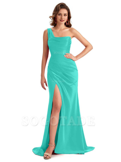 Sexy One Shoulder Side Slit Silky Satin Chic Long Mermaid Trumpet Bridesmaid Dress