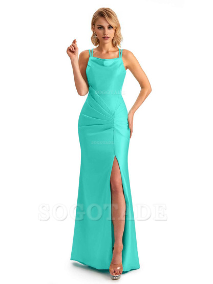 Soft Satin Spaghetti Straps Side Slit Long Unique Mermaid Beautiful Dresses For Wedding