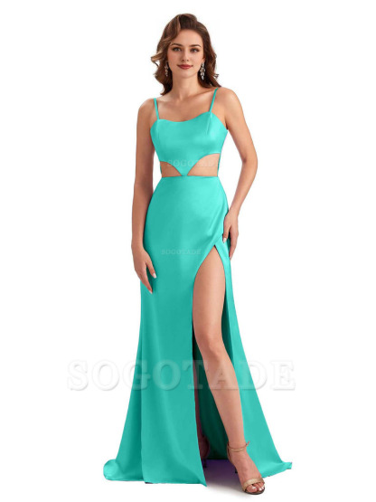 Sexy Satin Side Slit Spaghetti Straps Mermaid Long Unique Curve Wedding Guest Dresses