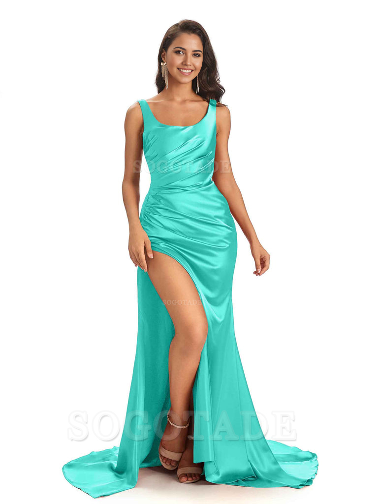 Mermaid Scoop Floor-Length Satin formal dresses evening gown Bridesmaid Dresses 