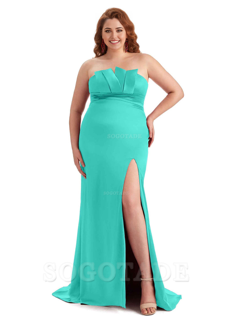 Sexy Side Slit Sleeveless Mermaid Soft Satin Long Plus Size Wedding Party Dresses For Wedding