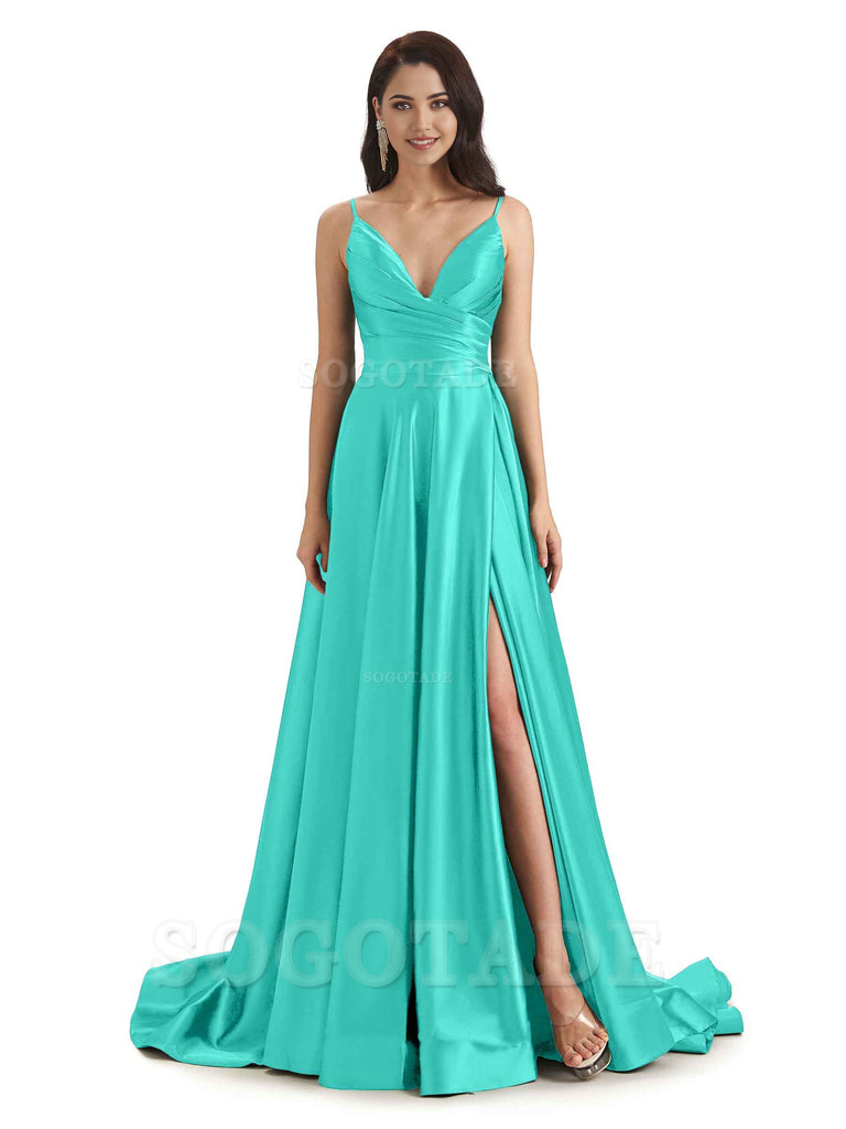 Spaghetti Straps Satin formal dresses evening gown Bridesmaid Dresses With Side Slit 