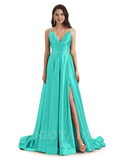 Spaghetti Straps Satin formal dresses evening gown Bridesmaid Dresses With Side Slit 