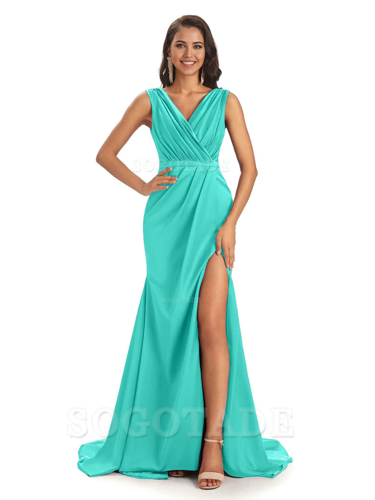 A-line V-neck Floor-Length Satin formal dresses evening gown Bridesmaid Dresses With Side Slit 