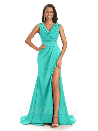 A-line V-neck Floor-Length Satin formal dresses evening gown Bridesmaid Dresses With Side Slit 