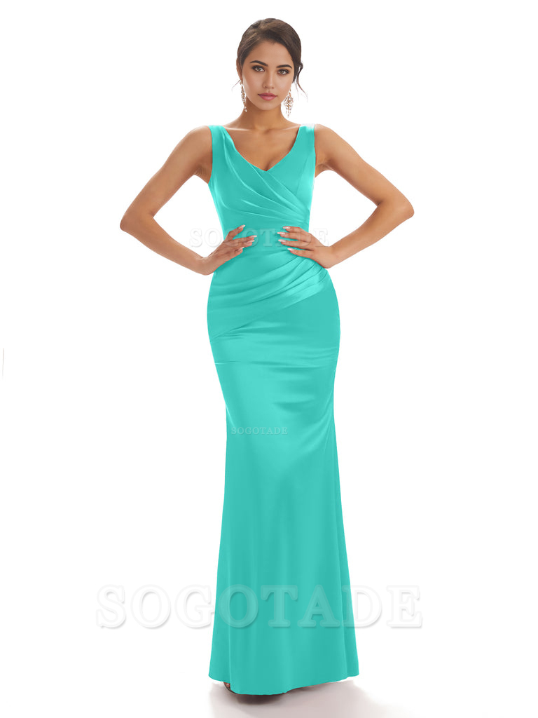 Sheath Sleeveless V-neck Floor-Length Satin formal dresses evening gown Bridesmaid Dresses With Pleats 