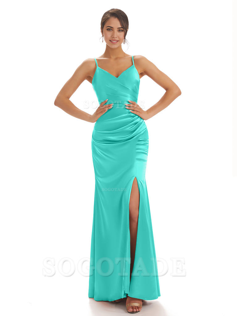 Spaghetti Straps Pleats Satin formal dresses evening gown Bridesmaid Dresses With Side Slit 