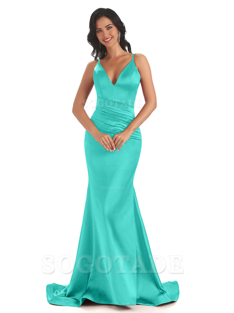 Mermaid Spaghetti V-Neck Straps Satin Long formal dresses evening gown Bridesmaid Dresses With Side Slit 