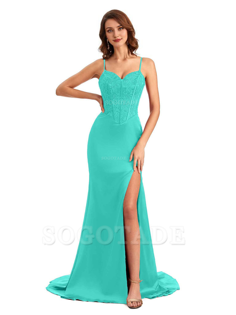 Sexy Side Slit Mermaid Silky Satin V-Neck Lace Unique Long Bridesmaid Dresses