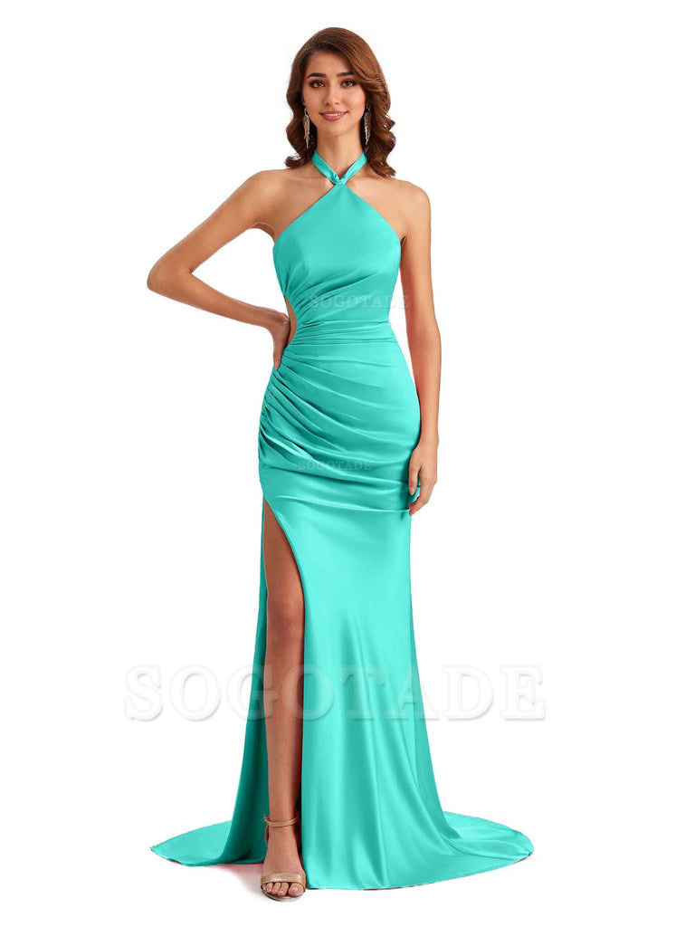 Sexy Halter Mermaid Silky Satin Unique Long Formal Wedding Guest Dresses