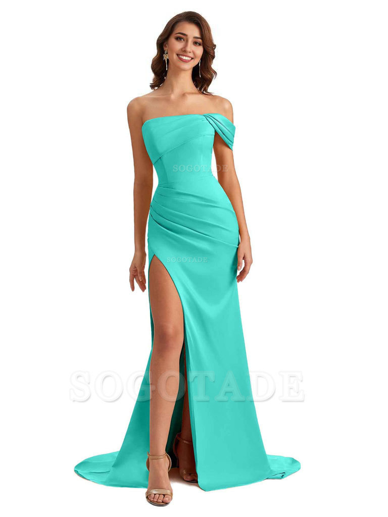 Unique One Shoulder Side Slit Satin Long Formal Dresses For Bridesmaid Dresses