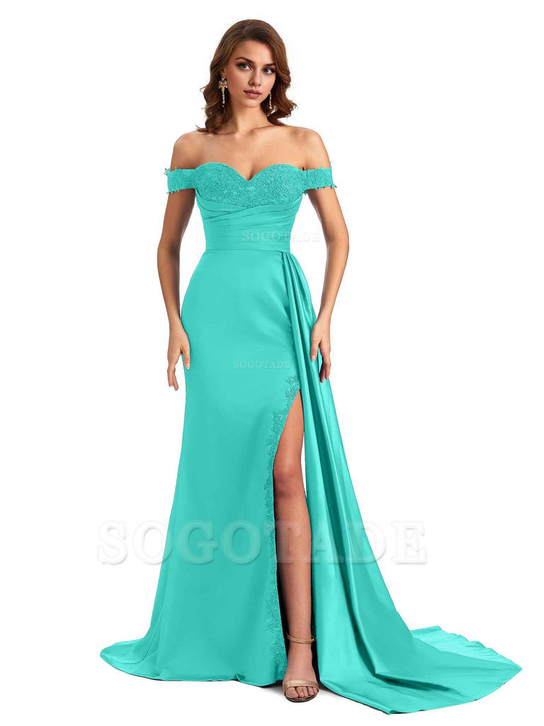 Sexy Off The Shoulder Mermaid Side Slit Silky Satin Long Bridesmaid Dress For Wedding