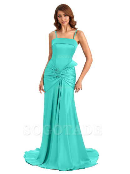 Sexy Mermaid Spaghetti Straps Silky Satin Unique Long Bridesmaid Dress For Wedding