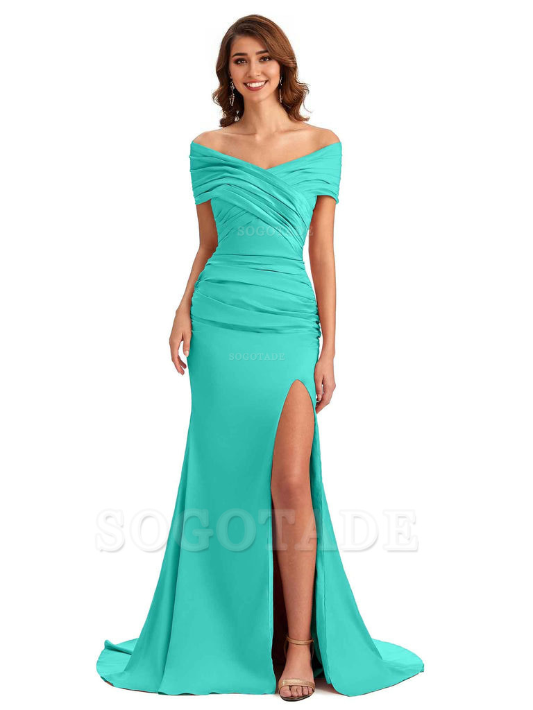 Sexy Off The Shoulder Side Slit Mermaid Satin Unique Long Formal Wedding Guest Dresses