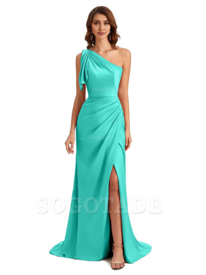Sexy One Shoulder Mermaid Side Slit Unique Silky Satin Bridesmaid Dresses 