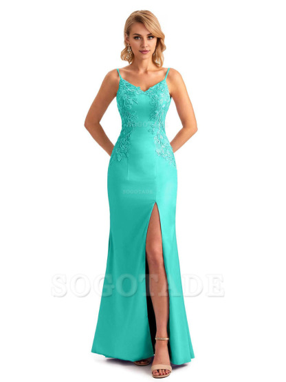 Sexy Side Split Mermaid Spaghetti Straps Soft Satin Unique Lace Long Bridesmaid Dresses