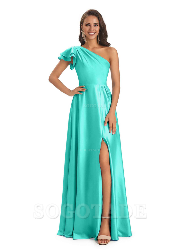 A-Line One Shoulder Ladies Long Bridesmaid Dresses Soft Satin Side Slit Elegant Evening Party Dress