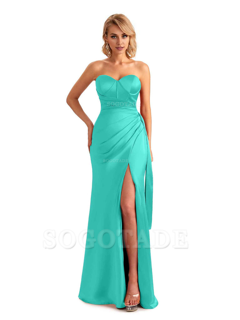 Sexy Side Slit Strapless Mermaid Soft Satin Unique Long Bridesmaid Dress For Wedding