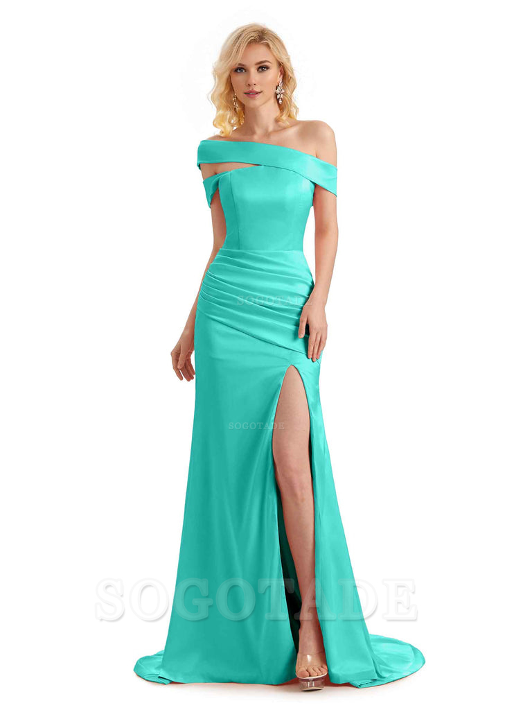 Elegant Asymmetrical Unique Soft Satin Side Slit Long Mermaid Bridesmaid Dresses Charming Evening Party Dress