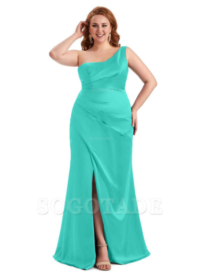 Sexy Side Slit One Shoulder Mermaid Long Plus Size Satin Maxi Dresses