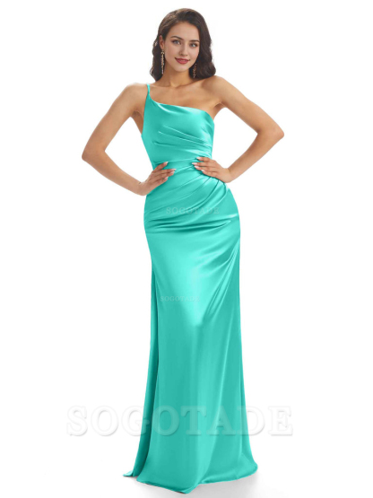 Sexy Soft Satin One Shoulder Side Slit Mermaid Long Bridesmaid Dresses prom dress shop ﻿