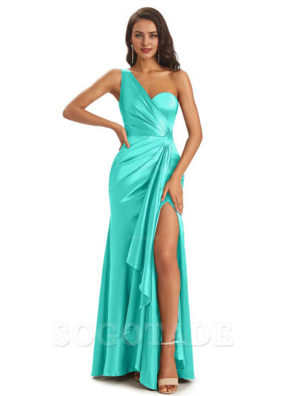 Elegant Soft Satin Side Slit One Shoulder Unique Mermaid Bridesmaid Dresses Online prom dresses shops