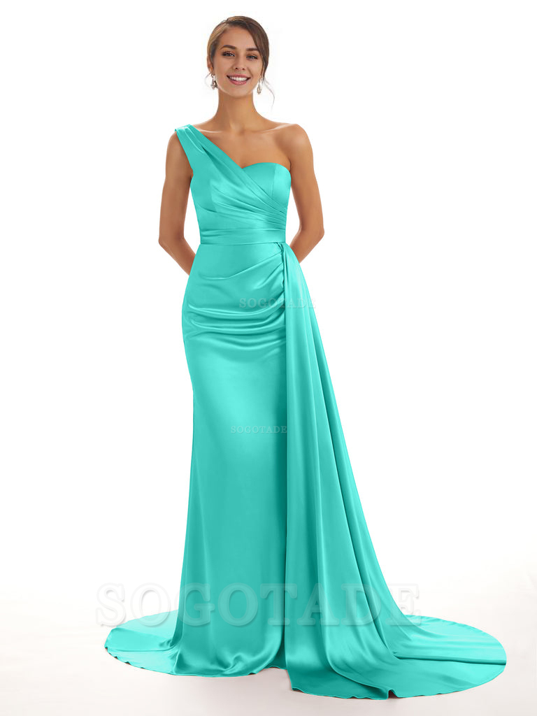 Elegant One Shoulder Soft Satin Unique Mermaid Long Bridesmaid Dresses Online prom dresses shops