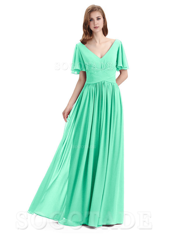 A-Line Chiffon Short Sleeves Elegant Floor-Length Bridesmaid Dresses Formal Women's Dresses Wedding Guests Dresses